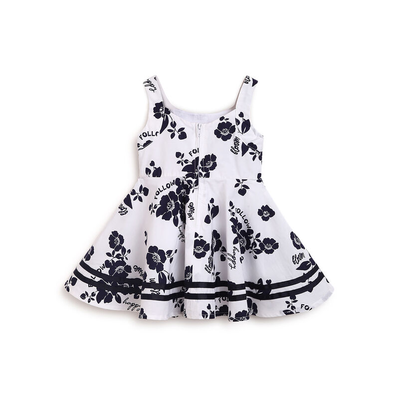 Girls White and Blue Printed Sleeveless Dress image number 1